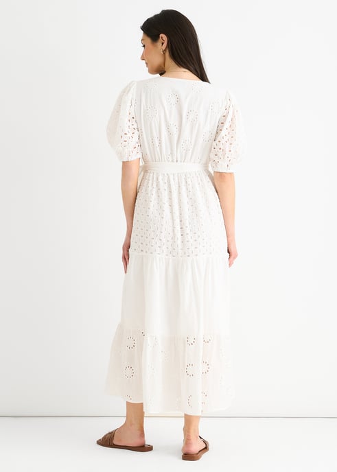 White Wrap Broderie Cotton Belted Midi Dress - Image 4