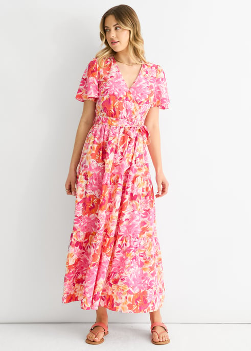 Red Floral Wrap Belted Midi Dress - Image 3