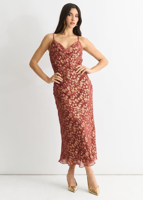 Brown Viscose Animal Jacquard Cowl Midi Dress - Image 1