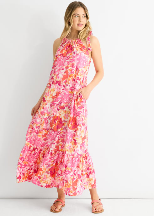 Red Floral Tie Straps Trapeze Dress - Image 3