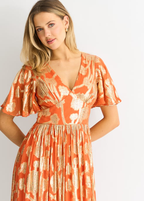 Orange Metallic Jacquard Flutter Sleeves Maxi Dress - Image 2