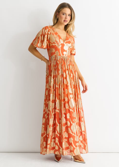 Orange Metallic Jacquard Flutter Sleeves Maxi Dress - Image 3
