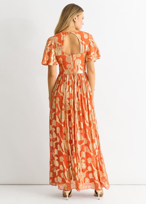 Orange Metallic Jacquard Flutter Sleeves Maxi Dress - Image 4
