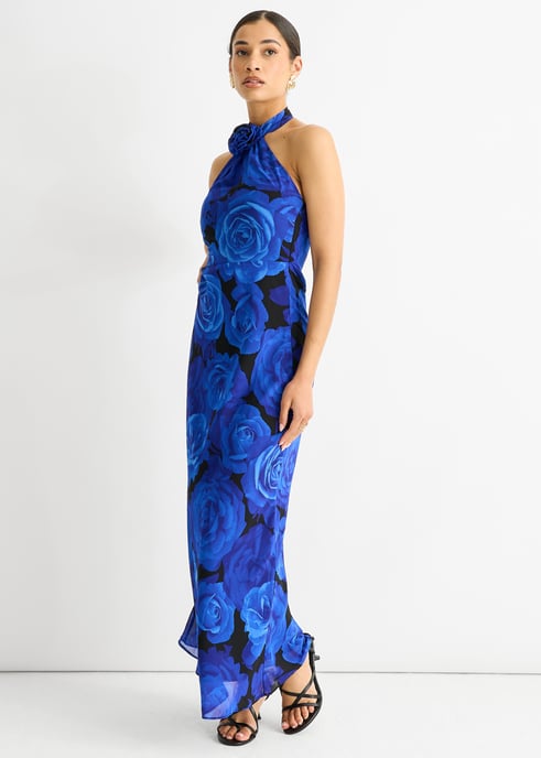 Blue Floral Occasion Halter Maxi Dress - Image 3