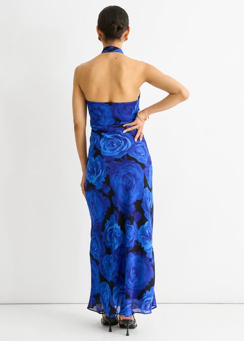 Blue Floral Occasion Halter Maxi Dress - Image 4