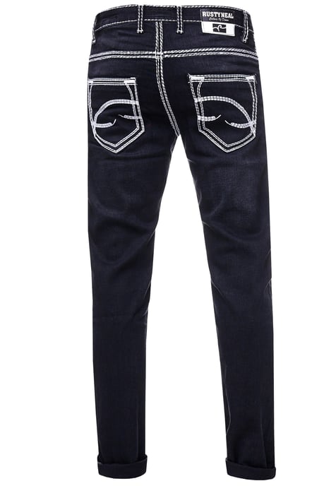 Jeansbroek "LEVIN" in Zwart Gebruikt met witte contrasterende stiksels - Image 2