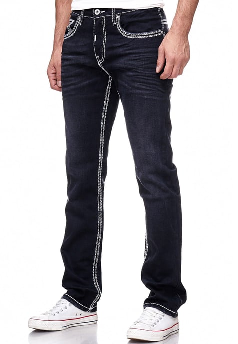 Jeansbroek "LEVIN" in Zwart Gebruikt met witte contrasterende stiksels - Image 4