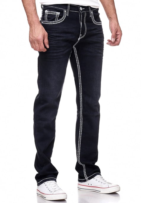 Jeansbroek "LEVIN" in Zwart Gebruikt met witte contrasterende stiksels - Image 5