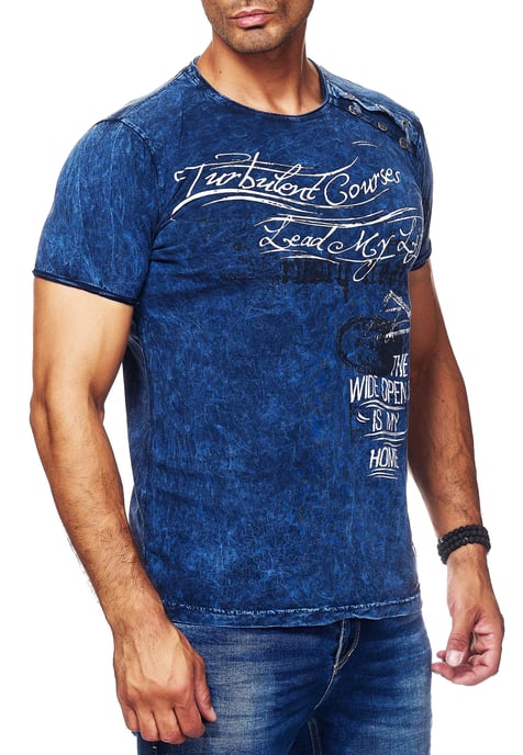 Oil-Washed T-Shirt with Side Buttons and Prints - Image 3