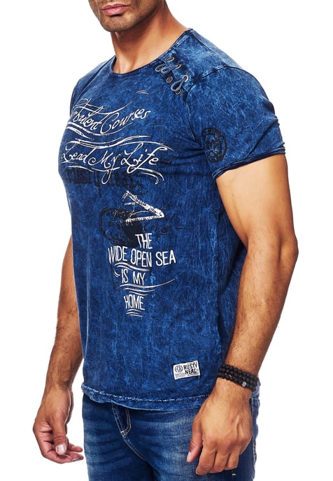 Oil-Washed T-Shirt with Side Buttons and Prints - Image 4