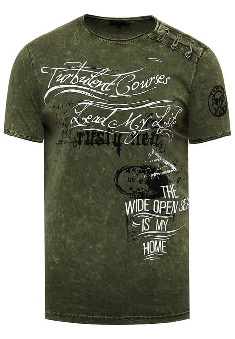 Olie-gewassen T-shirt met knoopjes aan de zijkant en prints - Image 1