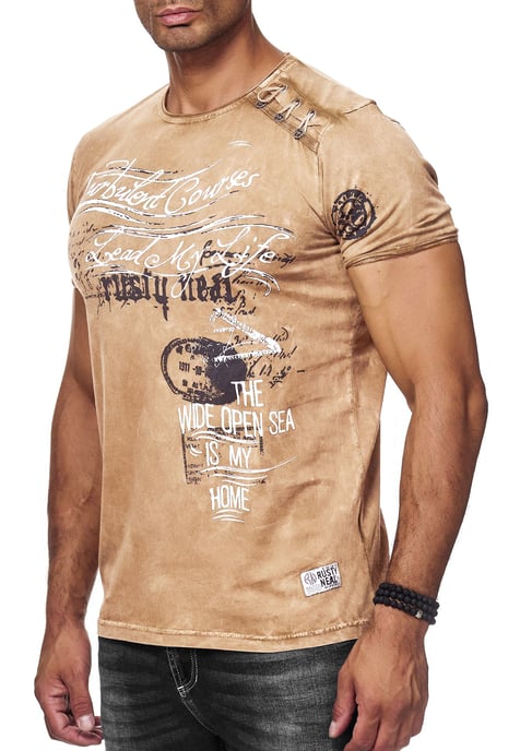 Olie-gewassen T-shirt met knoopjes aan de zijkant en prints - Image 3