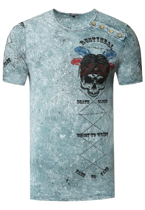 T-shirt met gewassen ronde hals, knoopsluiting en prints - Image 1