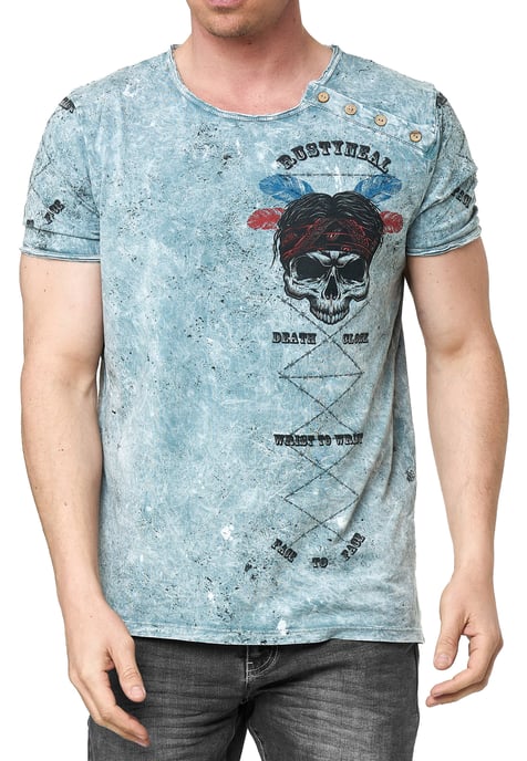 T-shirt met gewassen ronde hals, knoopsluiting en prints - Image 3