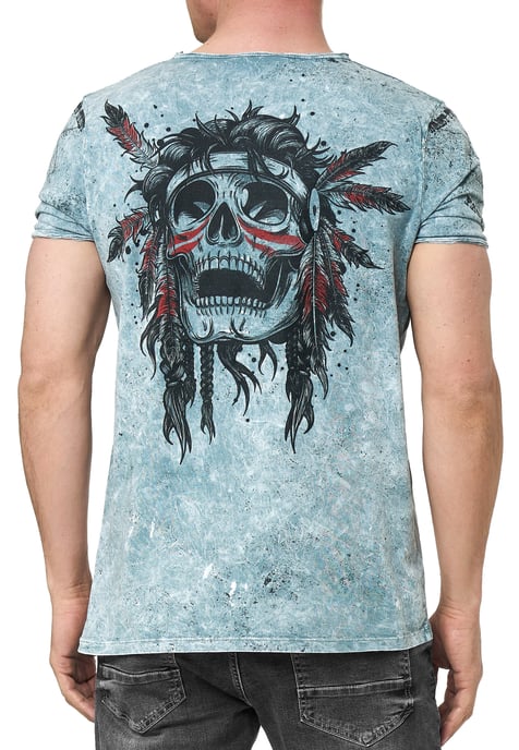 T-shirt met gewassen ronde hals, knoopsluiting en prints - Image 4