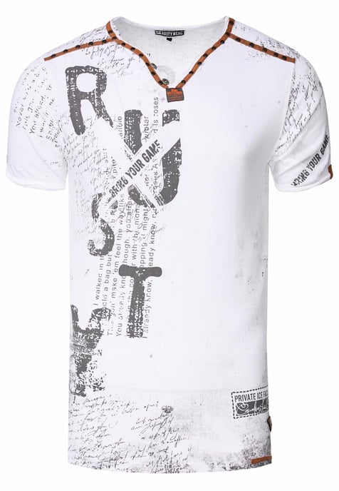 T-shirt met V-hals, suède details en een patroon van klinknagels - Image 1