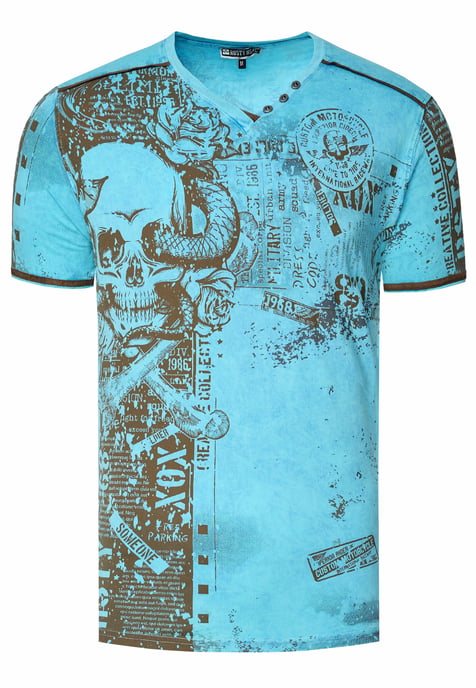 T-shirt met V-hals en all-over skull- en slangprint en suède details - Image 1