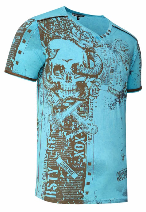 T-shirt met V-hals en all-over skull- en slangprint en suède details - Image 2