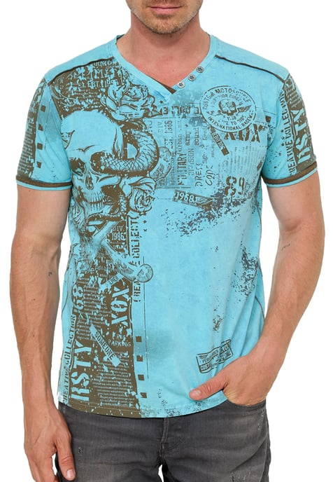 T-shirt met V-hals en all-over skull- en slangprint en suède details - Image 4