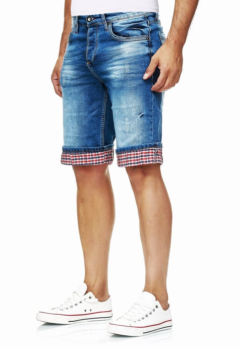 Blauwe gebruikte jeansshorts met ruitjesmotief "SATTO" - Image 3