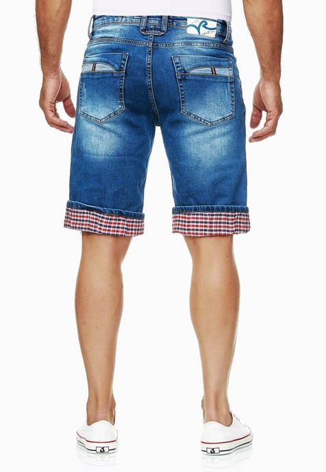Blauwe gebruikte jeansshorts met ruitjesmotief "SATTO" - Image 4