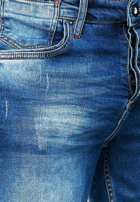 Blauwe gebruikte jeansshorts met ruitjesmotief "SATTO" - Image 5