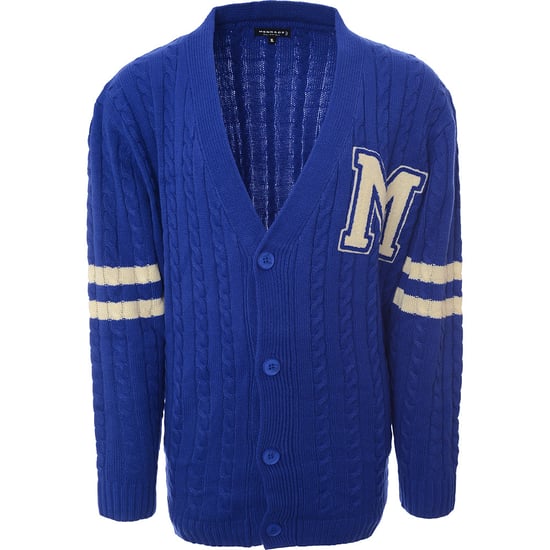 Mennace Mens Blue Varsity Knitted Cardigan with Off-White Embroidery - Image 1