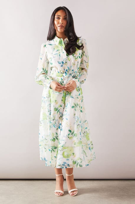 Petite Fruit Print Organza Belted Shirt Dress - Image 1