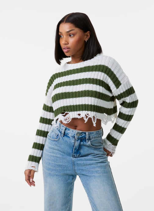 Distressed Striped Crop Knit Jumper - Image 1