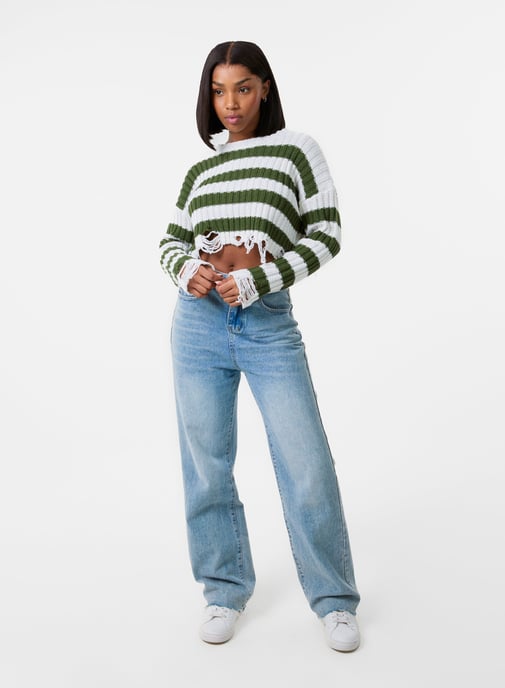 Distressed Striped Crop Knit Jumper - Image 2