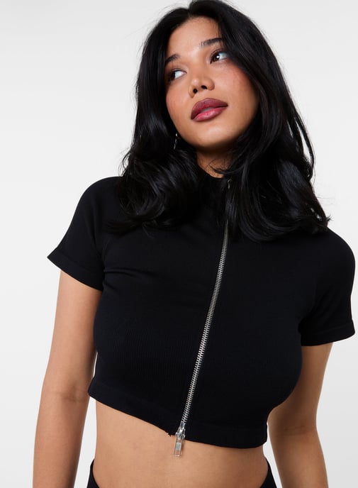 Double Zip Short Sleeve Rib Top - Image 2