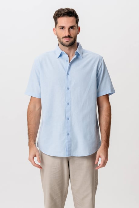 Short Sleeve Linen Shirt - Light Blue - Image 1