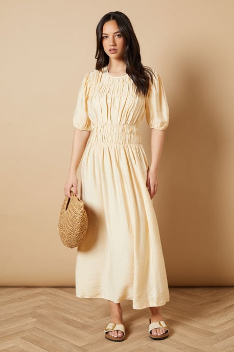 Shirred Bodice Puff Sleeve Midi Dress - Image 1