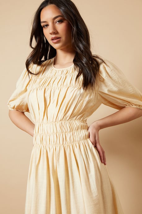 Shirred Bodice Puff Sleeve Midi Dress - Image 4