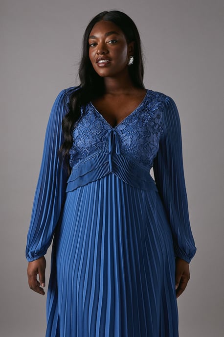Plus Lace Insert Long Sleeve Pleat Dress - Image 2