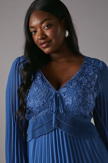 Plus Lace Insert Long Sleeve Pleat Dress - Image 3