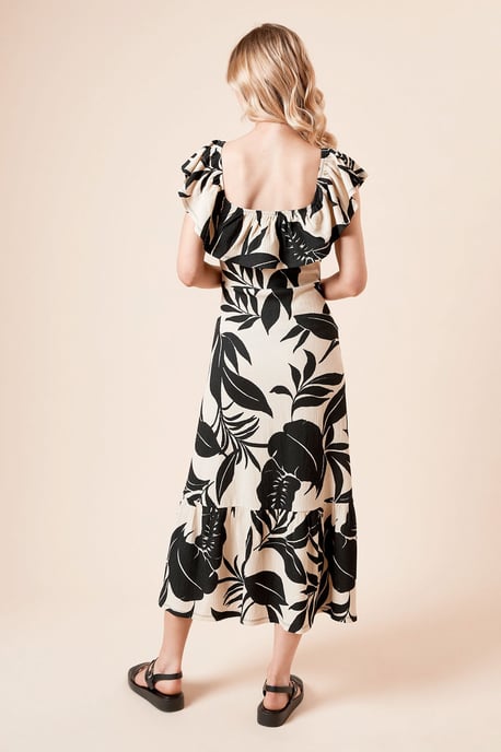Mono Palm Frill Tiered Hem Midi Dress - Image 3