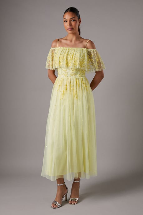 Sequin Mesh Midi Dress With Flutter Sleeves - Image 1
