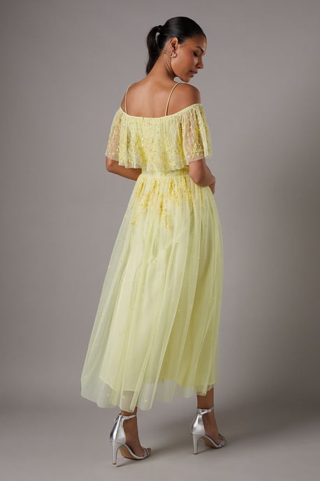 Sequin Mesh Midi Dress With Flutter Sleeves - Image 3