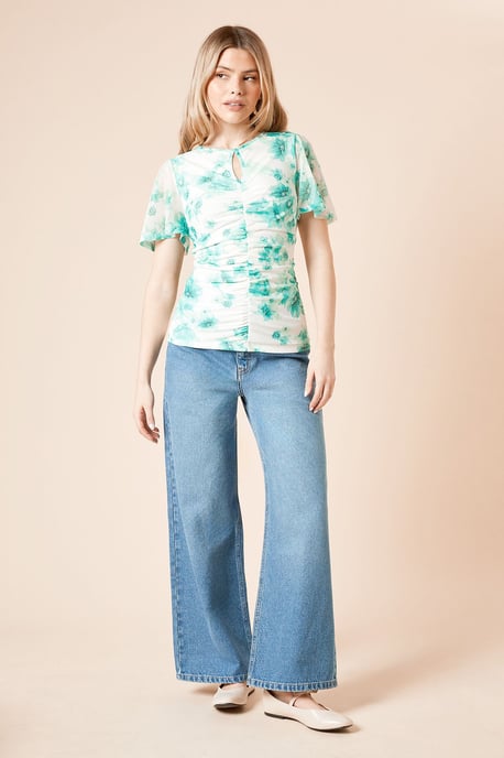Green Floral Keyhole Ruched Front Angel Sleeve Mesh Top - Image 1