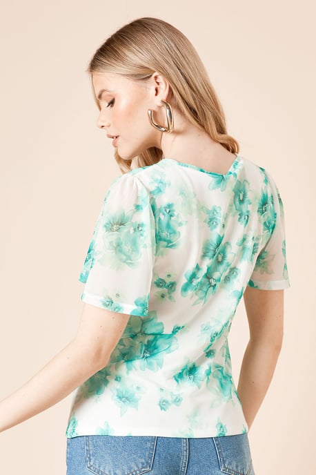Green Floral Keyhole Ruched Front Angel Sleeve Mesh Top - Image 4