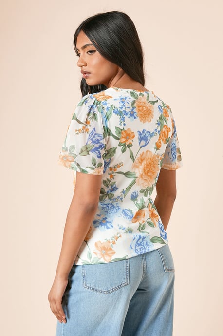 Petite Ivory Floral Keyhole Ruched Front Angel Sleeve Mesh Top - Image 3