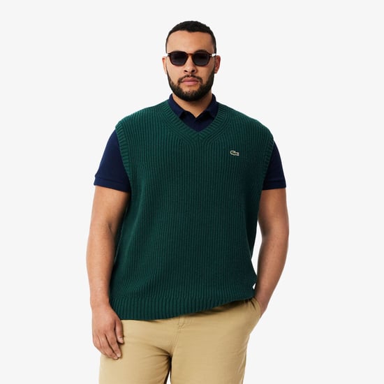 Men's Lacoste Carded Wool V-Neck Sweater Vest in Green - Image 1