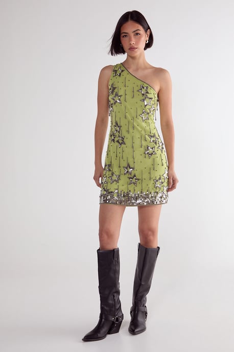 Star Sequin Tassel One Shoulder Mini Dress - Image 1