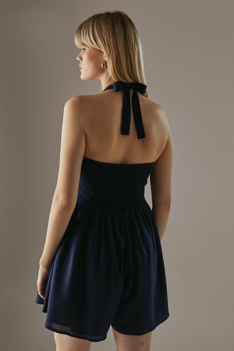 Premium Linen Blend Pintuck Halter Babydoll Playsuit - Image 3