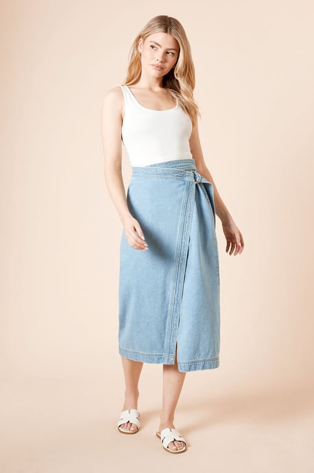 Wrap Front Denim Midi Skirt - Image 1