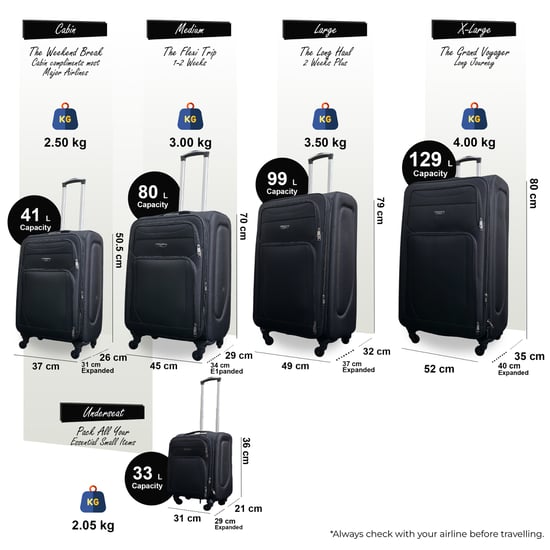 Zachte, lichtgewicht zwarte nylon kofferset met 4 wielen, reiskoffer en vakantietassen - Image 2