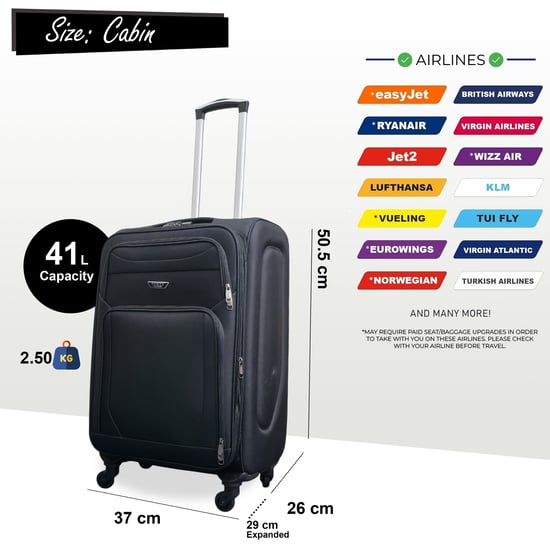 Zachte, lichtgewicht zwarte nylon kofferset met 4 wielen, reiskoffer en vakantietassen - Image 4