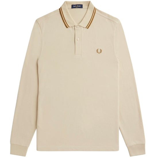 Fred Perry Long Sleeve Twin Tipped Oatmeal Beige Polo Shirt - Image 1