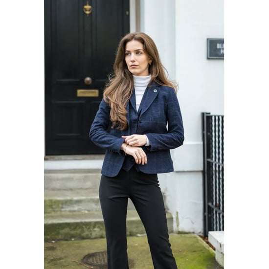 Marineblauwe getailleerde 2-delige set voor dames met tweed formeel blazervest - Image 1